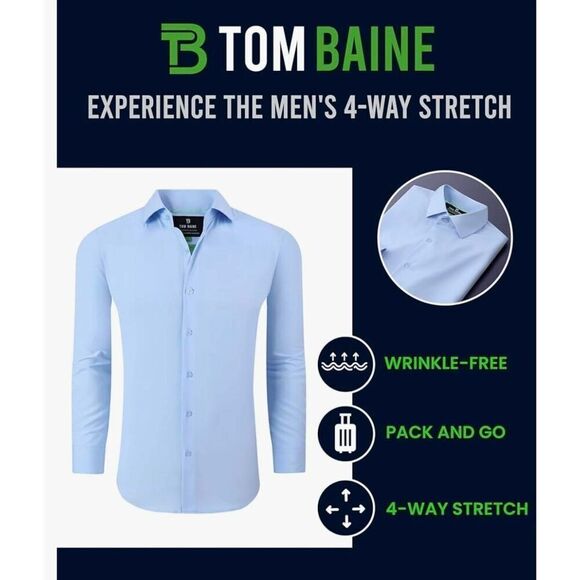 Tom Baine Men's Black Poly/Spandex Slim Fit Performance Stretch Button Down Shir - Picture 3 of 16